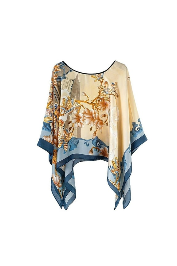 Women's Chiffon Pashmina Shawl Top Soft Shawl Boho Boat Neck Poncho Light Crew Neck Beach Satin Convertible Style1 One Size