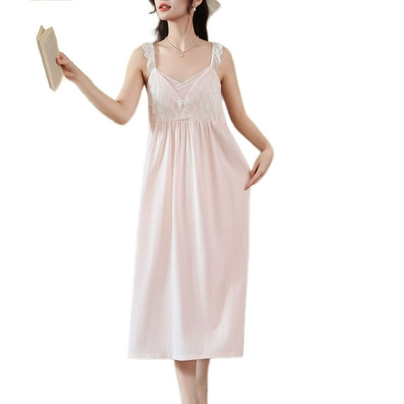 Defitshape Women's Cotton Long Nightgown Princess Victorian Pj Soft Sleeveless Chemise Summer Sleep Dress Cami Lace Nighties with Padded Bras Pink Medium
