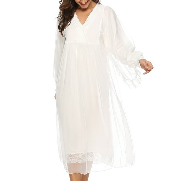Defitshape Women's Cotton Nightgown Cozy Soft Overlay Flowy Billowy Sleep Shirt Old Fashioned Long Sleeve Scalloped V Neck High Waist Long Pj Lounge Pajama Dress Sleepwear White Large