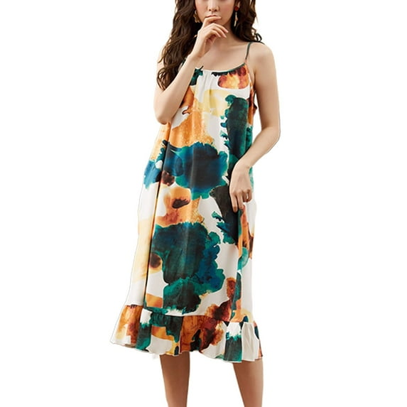 Defitshape Women's Cotton Nightgown Cute Printed Sleeveless Pajama Dress Cami Ruffle Frilly Knee Length Sleep Shirt Summer Midi Chemise Holiday Fall Comfy Pjs Green White Medium