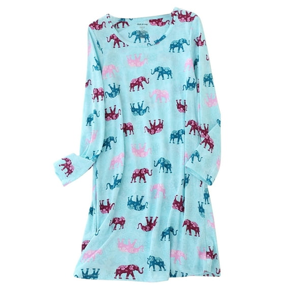 Defitshape Women's Cotton Nightgown Long Sleeve Sleepwear Cute Loungewear Short Cartoon Nightdress Elephant Green Large