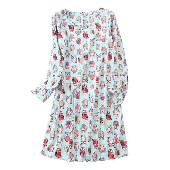 Defitshape Women's Cotton Nightgown Long Sleeve Sleepwear Cute Loungewear Short Cartoon Nightdress Printed Owl Green Large