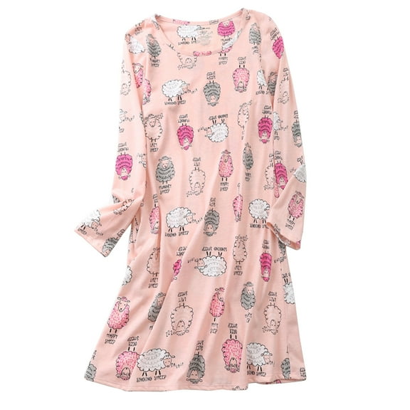Defitshape Women's Cotton Nightgown Long Sleeve Sleepwear Cute Loungewear Short Cartoon Nightdress Printed Sheep Pink X-Large