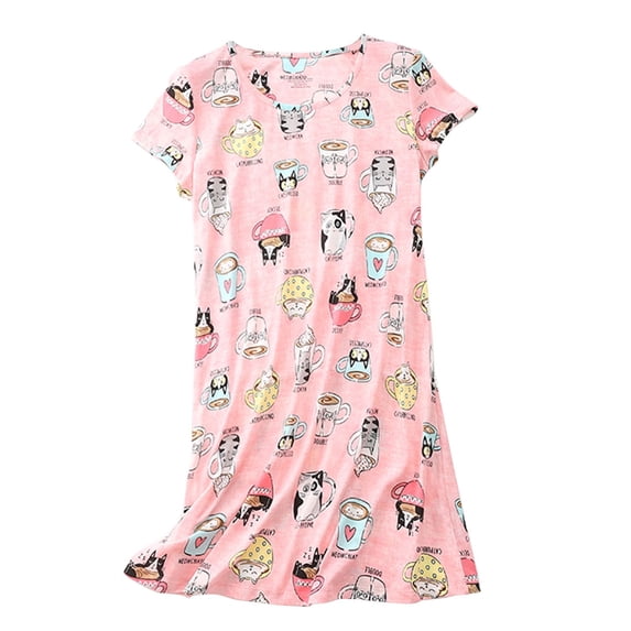 Defitshape Women's Cotton Nightgown Soft Pjs Summer Short Sleeve Midi Loose Cute Crew Neck Sleeping Loungewear Cup Cat 12-14