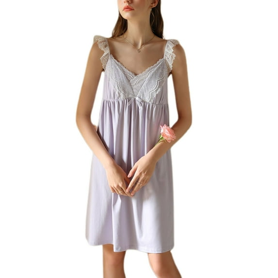 Defitshape Women's Cotton Nightgown Summer Sleepwear Midi Pajama Dress V Neck Ruched Sleep Shirt Vintage Lace Ruffle Sleeveless Sleepwear w/ Built in Padded Bras Purple Small