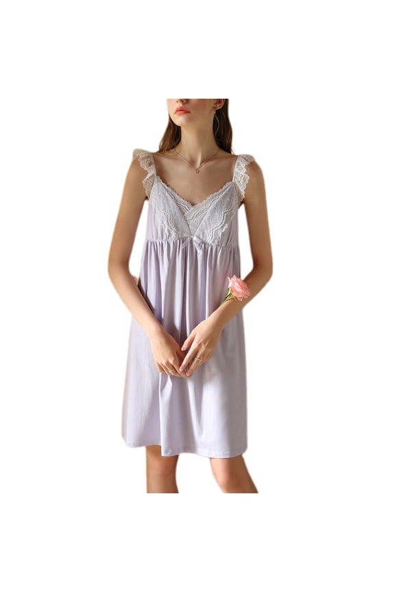 Women's Cotton Nightgown Summer Sleepwear Midi Pajama Dress V Neck Ruched Sleep Shirt Vintage Lace Ruffle Sleeveless Sleepwear w/ Built in Padded Bras Purple Small