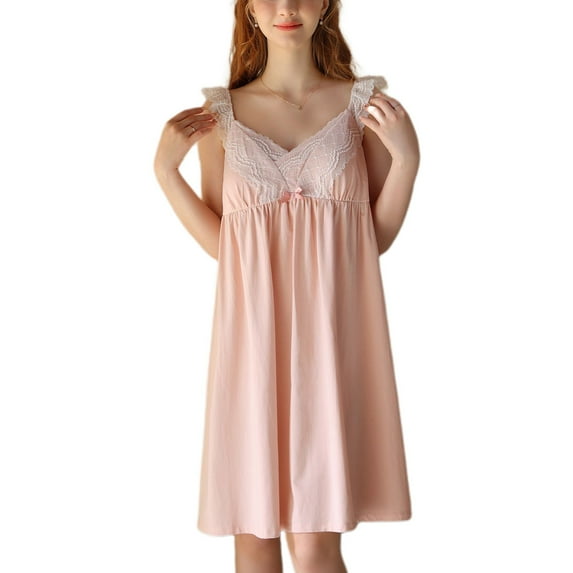 Defitshape Women's Cotton Nightgown Summer Sleepwear Midi Pajama Dress V Neck Ruched Sleep Shirt Vintage Lace Ruffle Sleeveless Sleepwear w/ Built in Padded Bras Pink Large