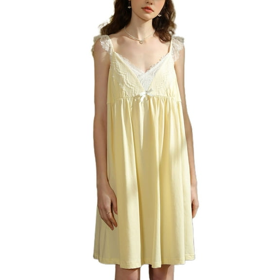 Defitshape Women's Cotton Nightgown Summer Sleepwear Midi Pajama Dress V Neck Ruched Sleep Shirt Vintage Lace Ruffle Sleeveless Sleepwear w/ Built in Padded Bras Yellow Small