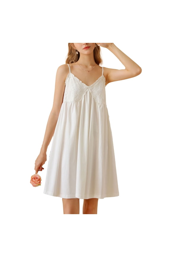 Women's Cotton Nightgown Victorian Sleeveless Pjs Soft Ruffle V Neck Cami Lace Chemise Comfy Cool Lightweight Short Sleep Dress Summer Sleepwear White Large