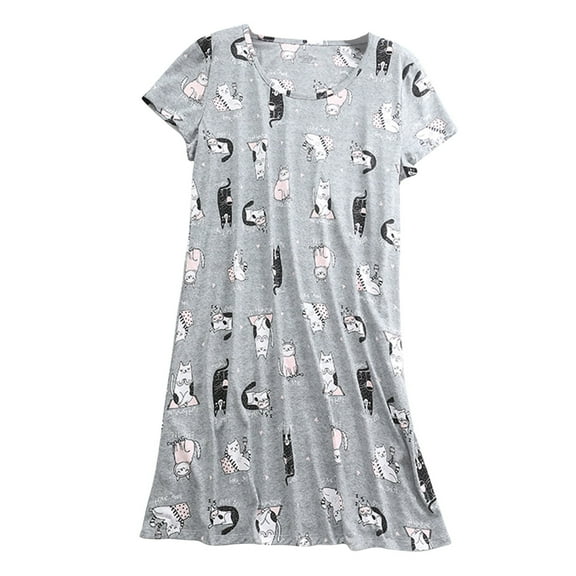 Defitshape Women's Cotton Nightgowns & Sleepshirts Patterned Night Dress Sleepwear Summer Soft Sleep Shirt Short Sleeve Pajama Dress Cute Cartoon Grey Cat X-Large