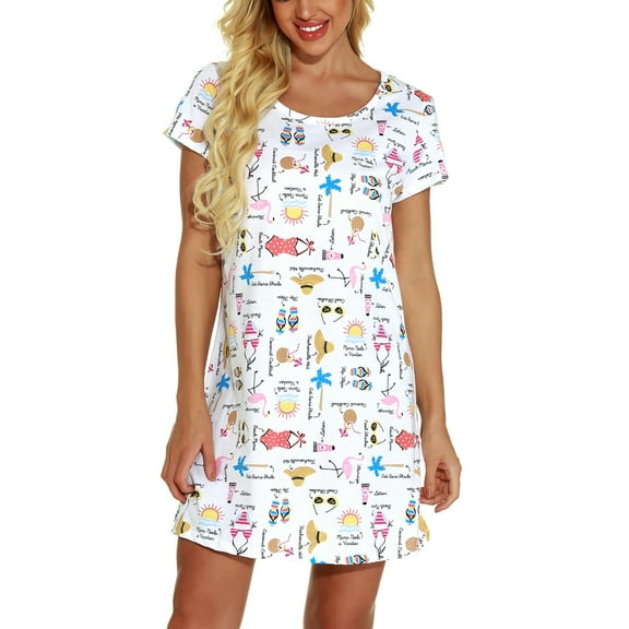 Defitshape Women's Cotton Nightgowns Soft Short Sleeve Sleep Shirt Printed Sleepshirts Cute Nightdress Short Night Gown Pajama Dress Summer Short Sleeve Sleepwear White Large