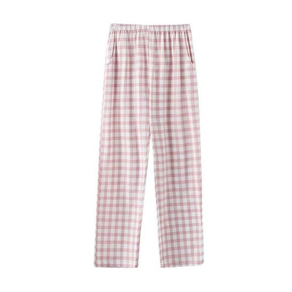 Defitshape Women's Cotton Pajama Pants Plaid Pj Sleep Lounge Bottom Comfy Elastic Loose Band Printed with Pocket Pink X-Small