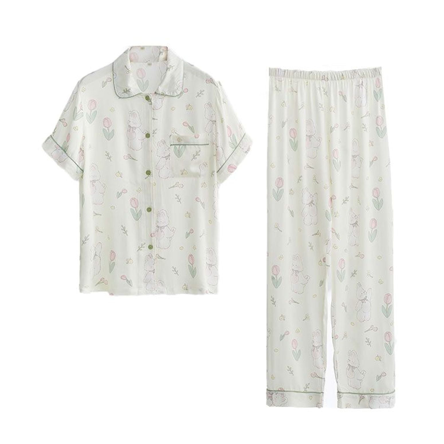 Defitshape Women's Cotton Pajama Set Cute Short Sleeve Shirt Pants Pjs ...