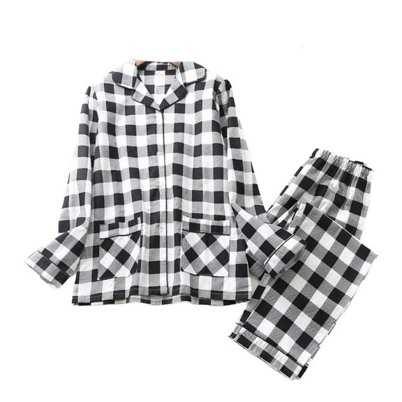 Defitshape Women's Cotton Pajama Set Flannel Long Sleeve Long Pants Lounge Set 2 Piece Warm Pj Set Winter Sleepwear Elastic Waist Cozy Button Up Pjs Plaid Black White X-Small