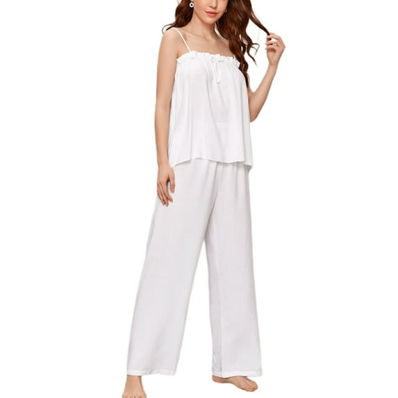 Defitshape Women's Cotton Pajama Set Summer Tank Pajamas Comfy Cute Cami Fall Cool Long High Waisted Lightweight 2 Piece White Large