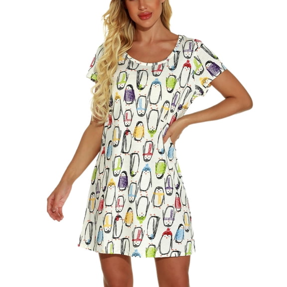 Defitshape Women's Cotton Pajama Shirt Cute Cartoon Short Sleeve Nightgown Soft Summer Sleep Shirt Printed Short Pj Lightweight Thigh Length Sleep Gown Sleepwear Style10 Beige Penguin Large