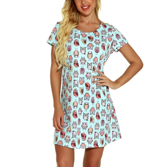 Defitshape Women's Cotton Pajama Shirt Cute Cartoon Short Sleeve Nightgown Soft Summer Sleep Shirt Printed Short Pj Lightweight Thigh Length Sleep Gown Sleepwear Style8 Blue Owl X-Large