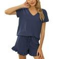 thumbnail image 1 of Defitshape Women's Cotton Pajamas 2 Piece Shorts Set Summer V Neck Pj Soft Short Sleeve Ruffle Drawstring Lounge Blue Small, 1 of 4