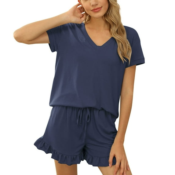 Defitshape Women's Cotton Pajamas 2 Piece Shorts Set Summer V Neck Pj Soft Short Sleeve Ruffle Drawstring Lounge Blue Small