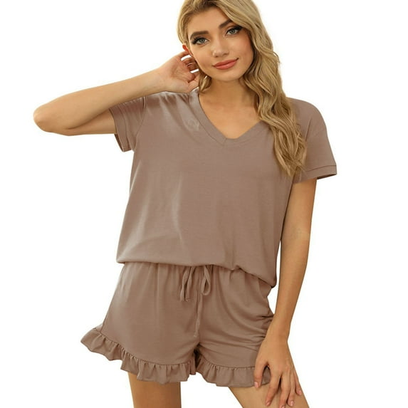 Defitshape Women's Cotton Pajamas 2 Piece Shorts Set Summer V Neck Pj Soft Short Sleeve Ruffle Drawstring Lounge Khaki Large