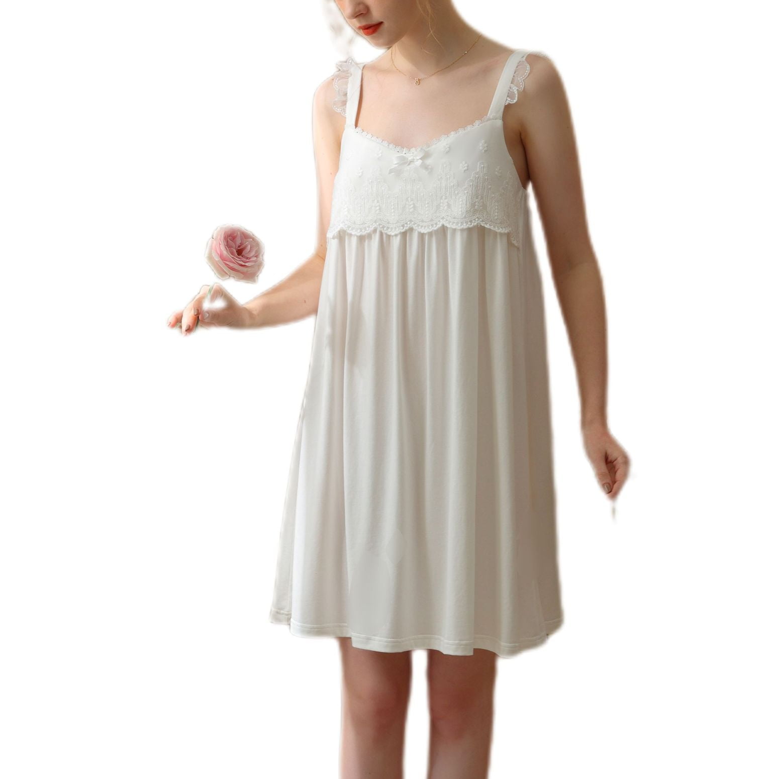 Sleeveless Nightgown Short White Cotton Nightdress ADR Women's - Main Image
