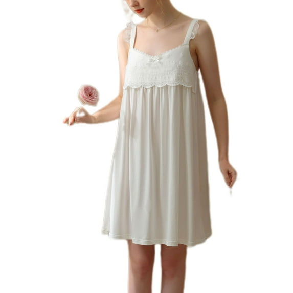 Defitshape Women's Cotton Sleeveless Nightgown Short Cami Sleep Dress Princess Chemise Comfy Bow Scalloped Ruffle Nightie Soft Lace Summer Sleepwear White Small