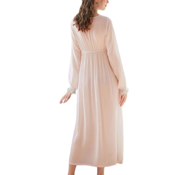 Defitshape Women's Cotton V Neck Nightgown Long Sleeve Victorian Pajama Dress Princess Lace Vintage Long Sleep Dress Soft Comfy Loungewear Lightweight Sleepwear Pink Medium