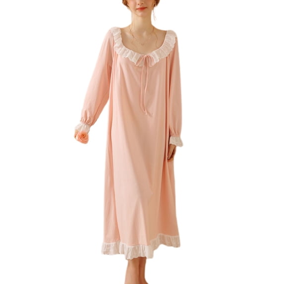 Defitshape Women's Cotton Victorian Nightgown Long Sleeve Pajamas Dress Fall Winter Ruffle Long Sleep Dress Soft Comfy Vintage Sleepwear Pink Large