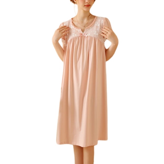 Defitshape Women's Cotton Victorian Nightgown Princess Short Sleeve Pajama Dress Cute Lace Vintage Lightweight Ruched Puff Sleeve Short Sleep Dress Summer Sleepwear Pink Medium