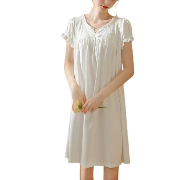Defitshape Women's Cotton Victorian Nightgown Princess Short Sleeve Pajama Dress Cute Lace Vintage Lightweight Ruched Puff Sleeve Short Sleep Dress Summer Sleepwear White Small