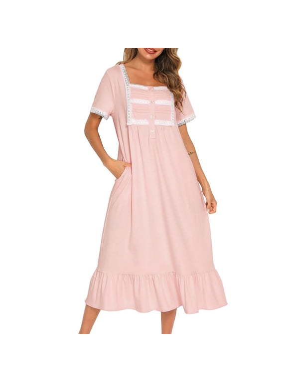 Women's Cotton Victorian Nightgown Short Sleeve Sleep Dress Lace Frill Calf Length Square Neck Billowy Old Fashioned Pajama Shirt Summer Soft Sleepwear Long Nighty Pocket Pink Medium