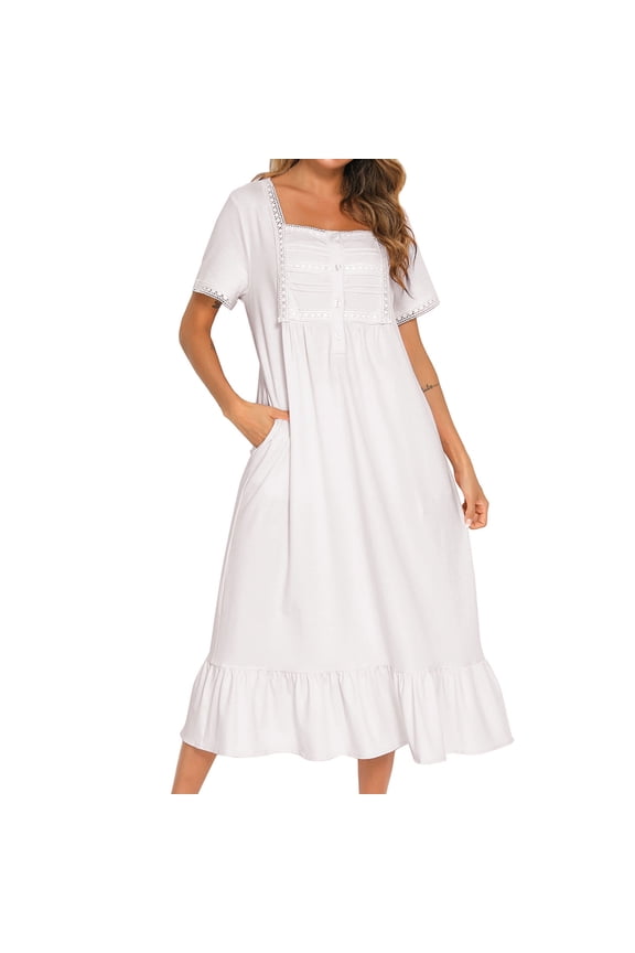 Women's Cotton Victorian Nightgown Short Sleeve Sleep Dress Lace Frill Calf Length Square Neck Billowy Old Fashioned Pajama Shirt Summer Soft Sleepwear Long Nighty Pocket White Large