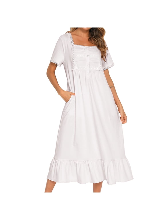 Women's Cotton Victorian Nightgown Short Sleeve Sleep Dress Lace Frill Calf Length Square Neck Billowy Old Fashioned Pajama Shirt Summer Soft Sleepwear Long Nighty Pocket White X-Large