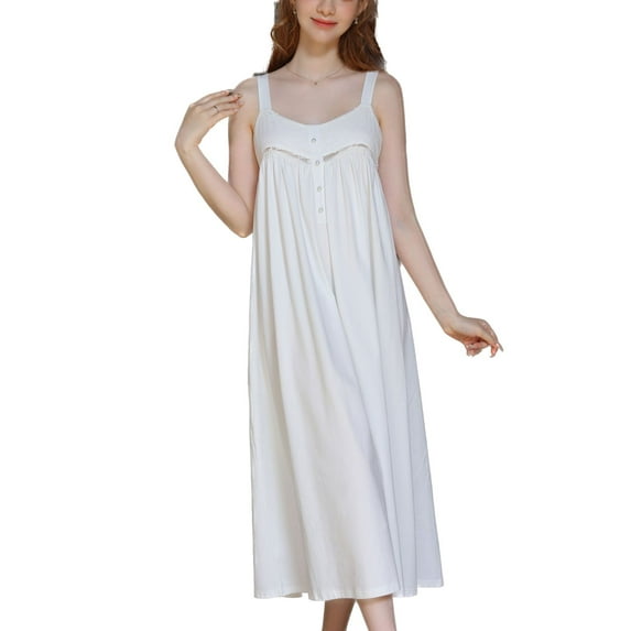 Defitshape Women's Cotton Victorian Nightgown Sleeveless Chemsie Soft Long Sleep Dress Vintage Summer Sleepwear V Neck Cute Spring Cami Nighties White Small