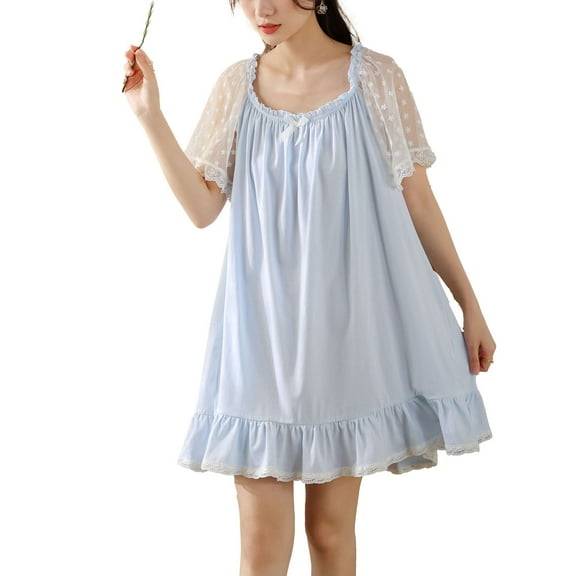 Defitshape Women's Cotton Victorian Nightgown Soft Ruched Scoop Neck Illusion See Through Lace Sleeve Frilly Hem Comfy Vintage Summer Sleepwear Cute Short Sleeve Long Sleep Dress Light Blue Medium