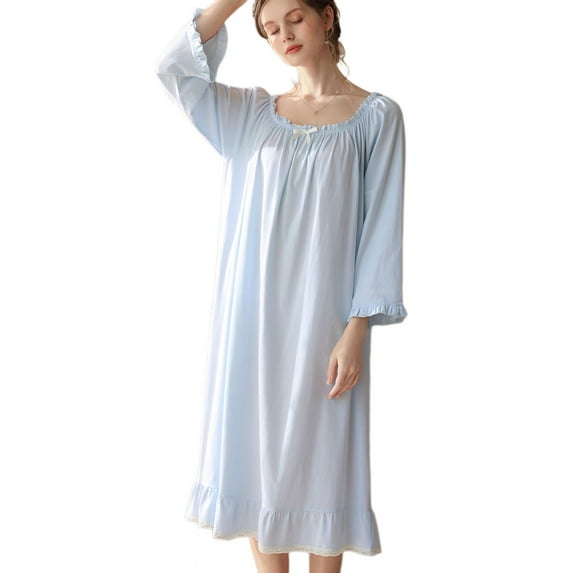 Defitshape Women's Cotton Victorian Nightgown Vintage Sleep Dress Long Sleeve Pleated Lace Princess Elegant Nightwear Mid-length Ruffle Crew Neck Blue Small