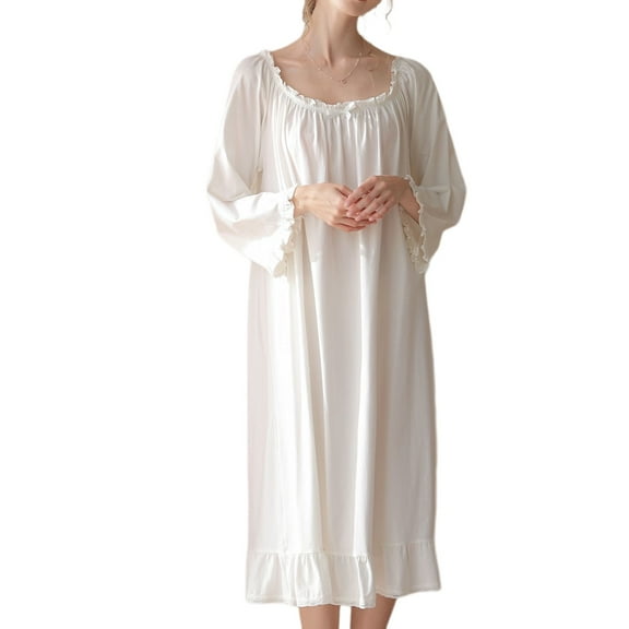 Defitshape Women's Cotton Victorian Nightgown Vintage Sleep Dress Long Sleeve Pleated Lace Princess Elegant Nightwear Mid-length Ruffle Crew Neck White Medium