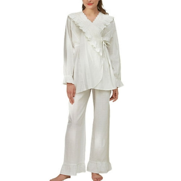 Defitshape Women's Cotton Victorian Pajama Set Soft 2 Piece Long Sleeve Shirt Pants Vintage Floral Lace Frilly V Neck Sleepwear White Large