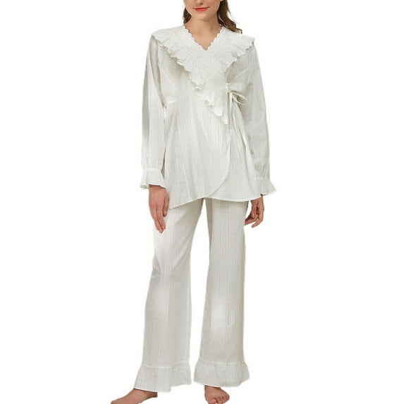 Defitshape Women's Cotton Victorian Pajama Set Soft 2 Piece Long Sleeve Shirt Pants Vintage Floral Lace Frilly V Neck Sleepwear White Small