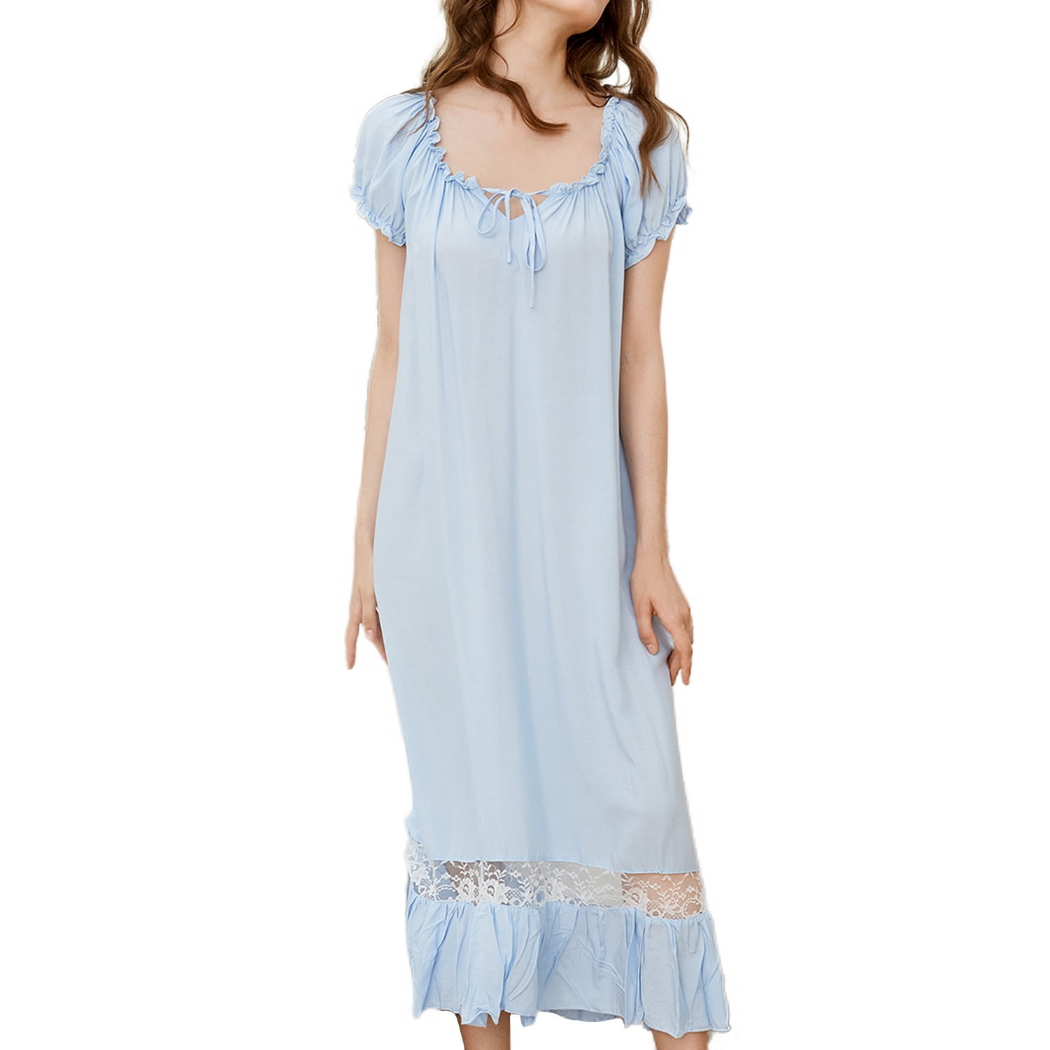 blue dress for baby girl ADR Women's Cotton Nightgown, Ruffled Short Sleeve Lace Trimmed Long  Vintage Night Dress Gown – Alexander Del Rossa, a Mystic Clothing brand main image 0