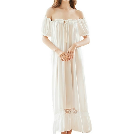 Defitshape Women's Cotton Victorian Square Neck Nightgown Vintage Sleep Dress Short Sleeve Ruffle White Small