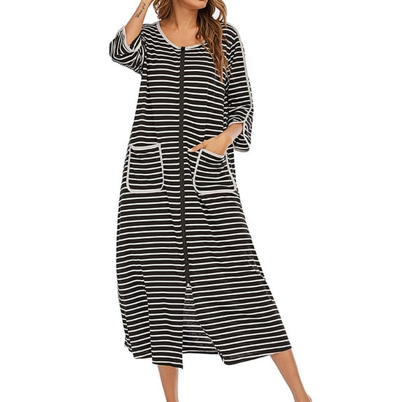 Defitshape Women's Cotton Zipper Robe Soft Loose Fit House Coat Comfy Spring Fall Short Sleeve Long Bathrobe Zip Up Duster Robe Loungewear Black Large