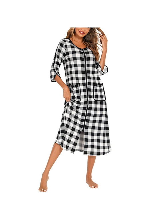 Women's Cotton Zipper Robe Soft Loose Fit House Coat Comfy Spring Fall Short Sleeve Long Bathrobe Zip Up Duster Robe Loungewear Black White Large