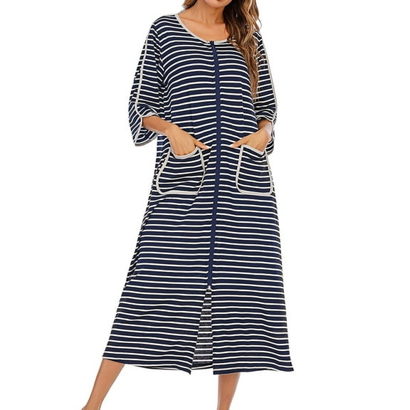 Defitshape Women's Cotton Zipper Robe Soft Loose Fit House Coat Comfy Spring Fall Short Sleeve Long Bathrobe Zip Up Duster Robe Loungewear Navy Large