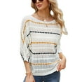 thumbnail image 1 of Defitshape Women's Crochet Knit Tshirt Soft Striped Short Sleeve Top See Through Fishnet Summer Fashion Casual Bathing Suit Cover Up White 8-10, 1 of 4