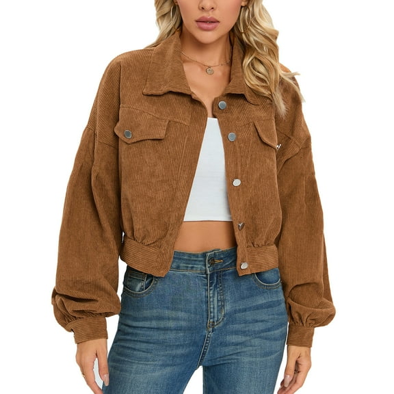 Defitshape Women's Crop Jacket Soft Long Sleeve Coat Fall Travel Fashion Spring Loose Corduroy Winter Outerwear Brown Medium