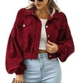 thumbnail image 1 of Defitshape Women's Crop Jacket Soft Long Sleeve Coat Fall Travel Fashion Spring Loose Corduroy Winter Outerwear Burgundy Small, 1 of 4