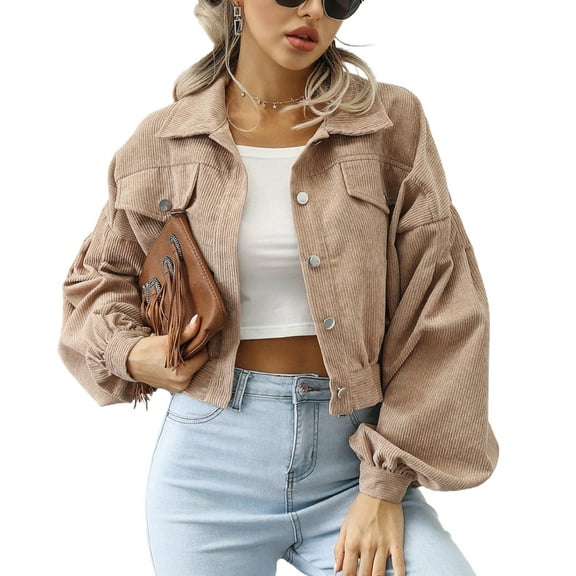 Defitshape Women's Crop Jacket Soft Long Sleeve Coat Fall Travel Fashion Spring Loose Corduroy Winter Outerwear Khaki Medium