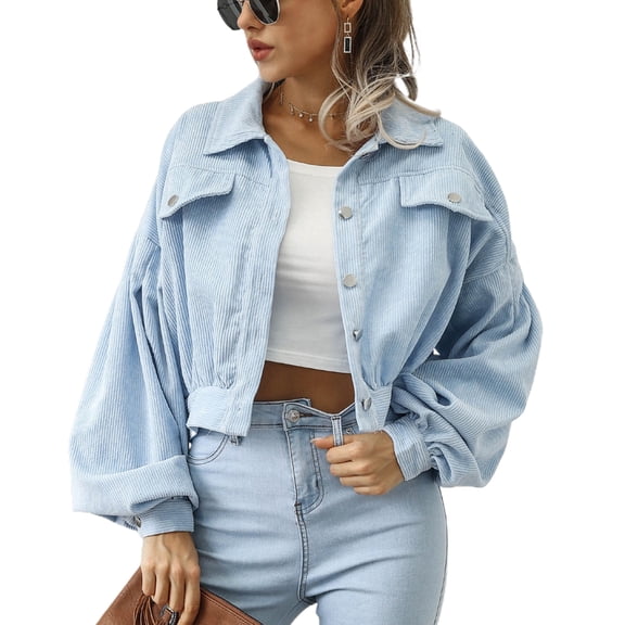 Defitshape Women's Crop Jacket Soft Long Sleeve Coat Fall Travel Fashion Spring Loose Corduroy Winter Outerwear Light Blue Small