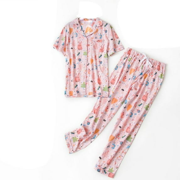 Defitshape Women's Cute Capri Pajamas Set Cotton Soft Summer Pant Cartoon Printed Casual Thin Lounge Short Sleeve Pjs Patterned4 X-Large